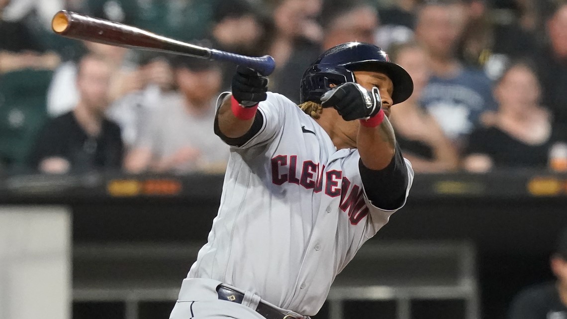 CLEVELAND, OH - APRIL 21: Chicago White Sox designated hitter Eloy Jimenez  (74) bats during an MLB game against the Cleveland Guardians on April 21,  2022 at Progressive Field in Cleveland, Ohio. (