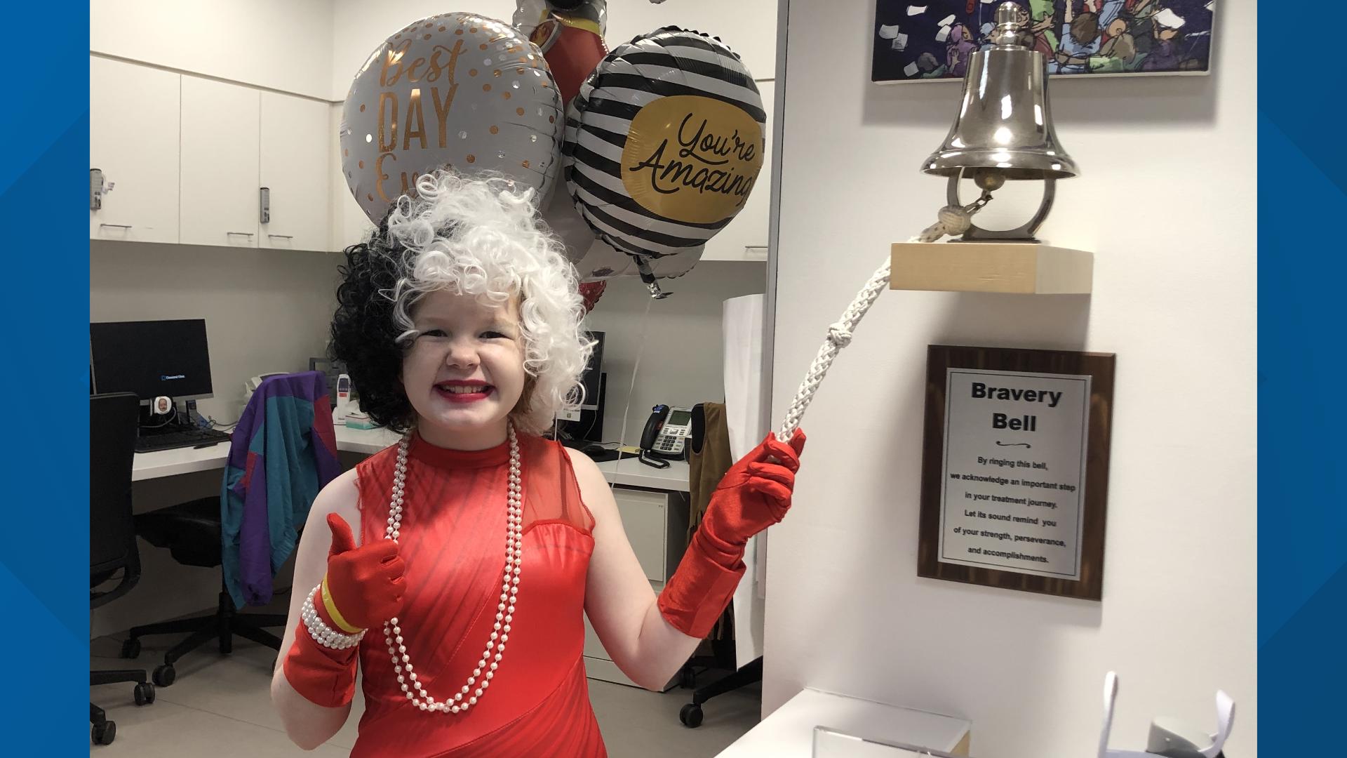 Addie Mae Messinger, a 13-year-old who spent over a year in chemo, rang the Cleveland Clinic's bravery bell in her Halloween costume. Courtesy of Cleveland Clinic.