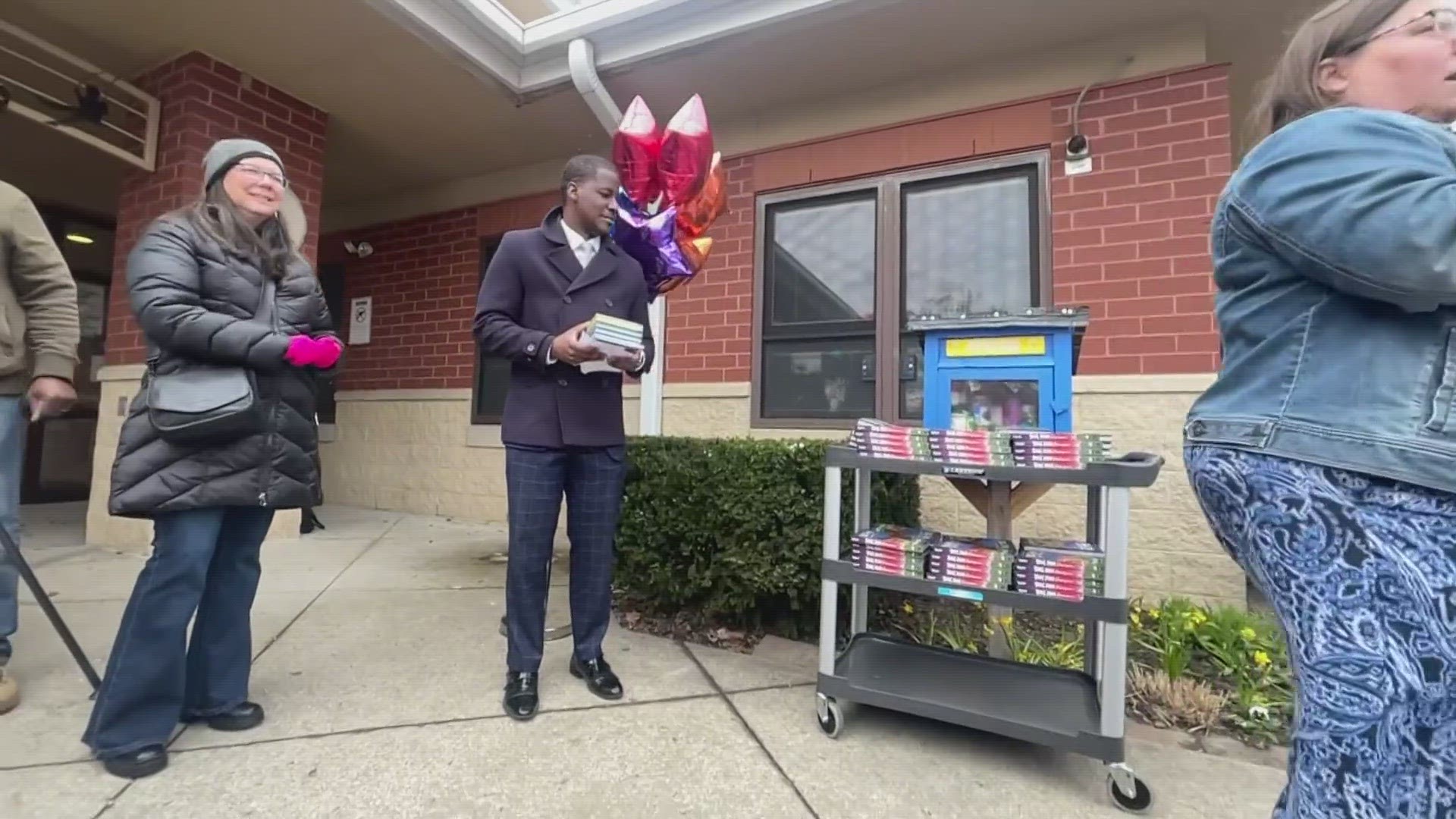 3News Anthony Copeland attends the unveiling at the DogMan Little Free Library at Riverside School in Cleveland.