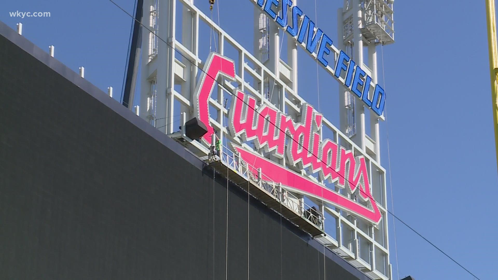 Crews are finishing the installation of the new Cleveland Guardians script sign at Progressive Field.