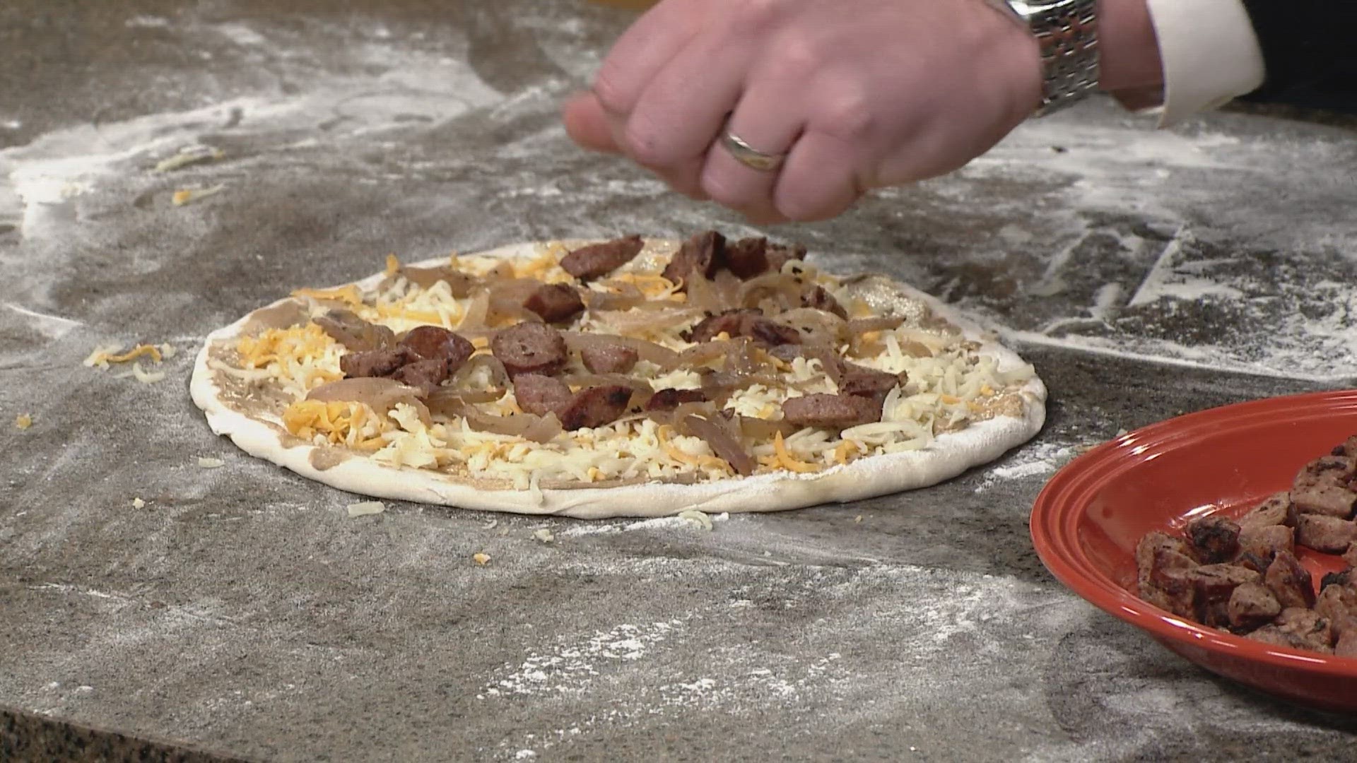 3News' Austin Love has created what he's calling a Cleveland-style pizza. The recipe includes Ballpark Mustard, onions, kielbasa and sauerkraut.