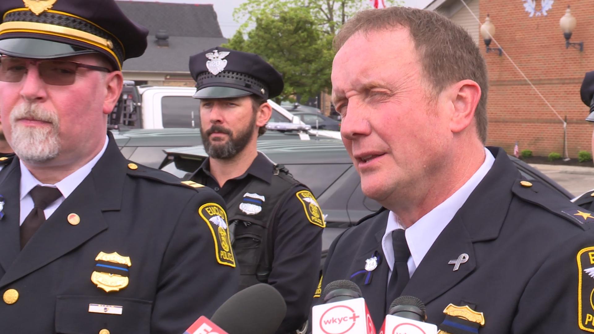 Euclid Police Chief Scott Meyer, Capt. Mitch Houser, and Mayor Kirsten Holzheimer Gail talked about Officer Derbin's legacy at his calling hours.