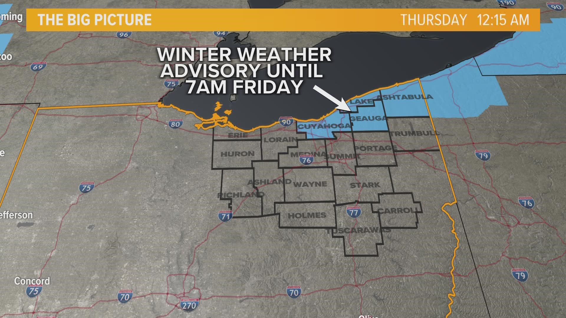 We're tracking lake effect snow. Here's what you can expected throughout the day ahead as some counties are under a Winter Weather Advisory.