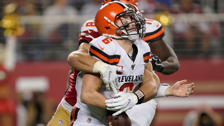 Cleveland Browns quarterback Baker Mayfield (6) against the San Francisco  49ers during the first half of an NFL football game in Santa Clara, Calif.,  Monday, Oct. 7, 2019. (AP Photo/Ben Margot Stock