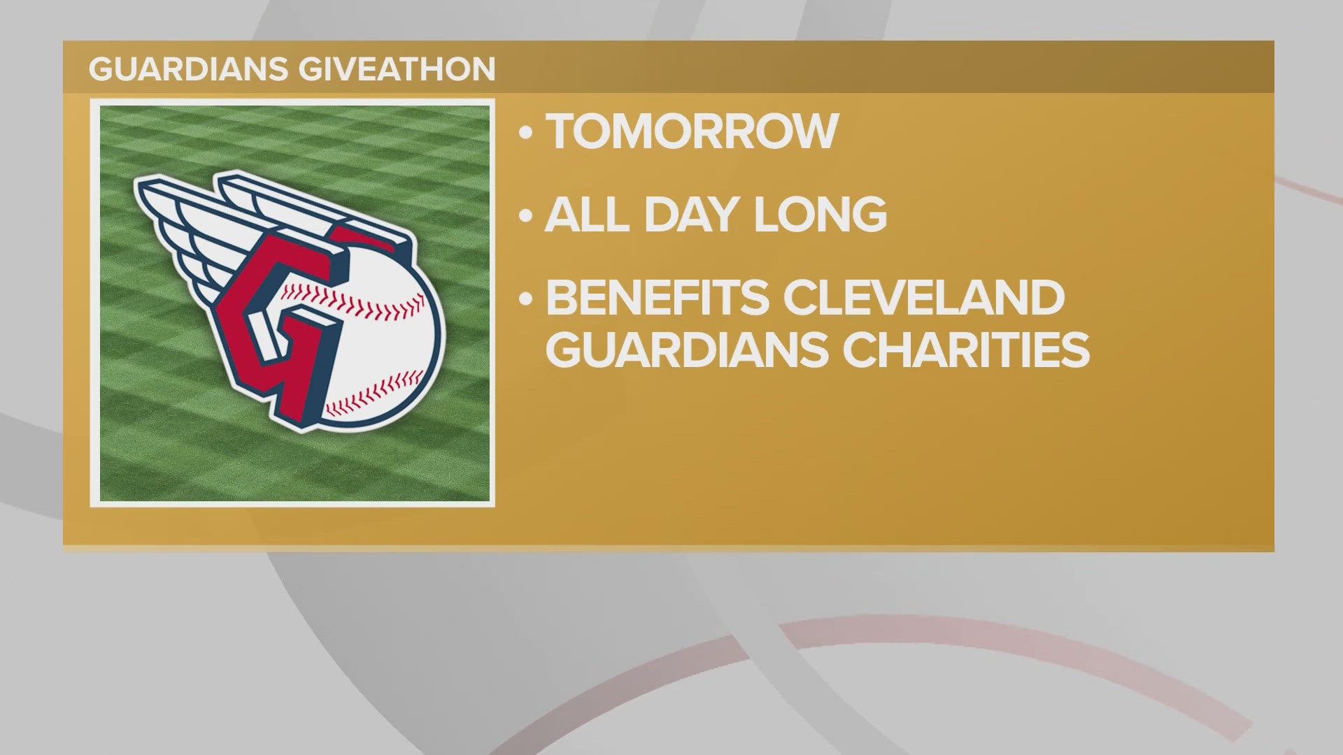 WKYC will broadcast Tuesday's 6:40 p.m. game against the Kansas City Royals, which serves as the 6th annual Cleveland Guardians Giveathon.