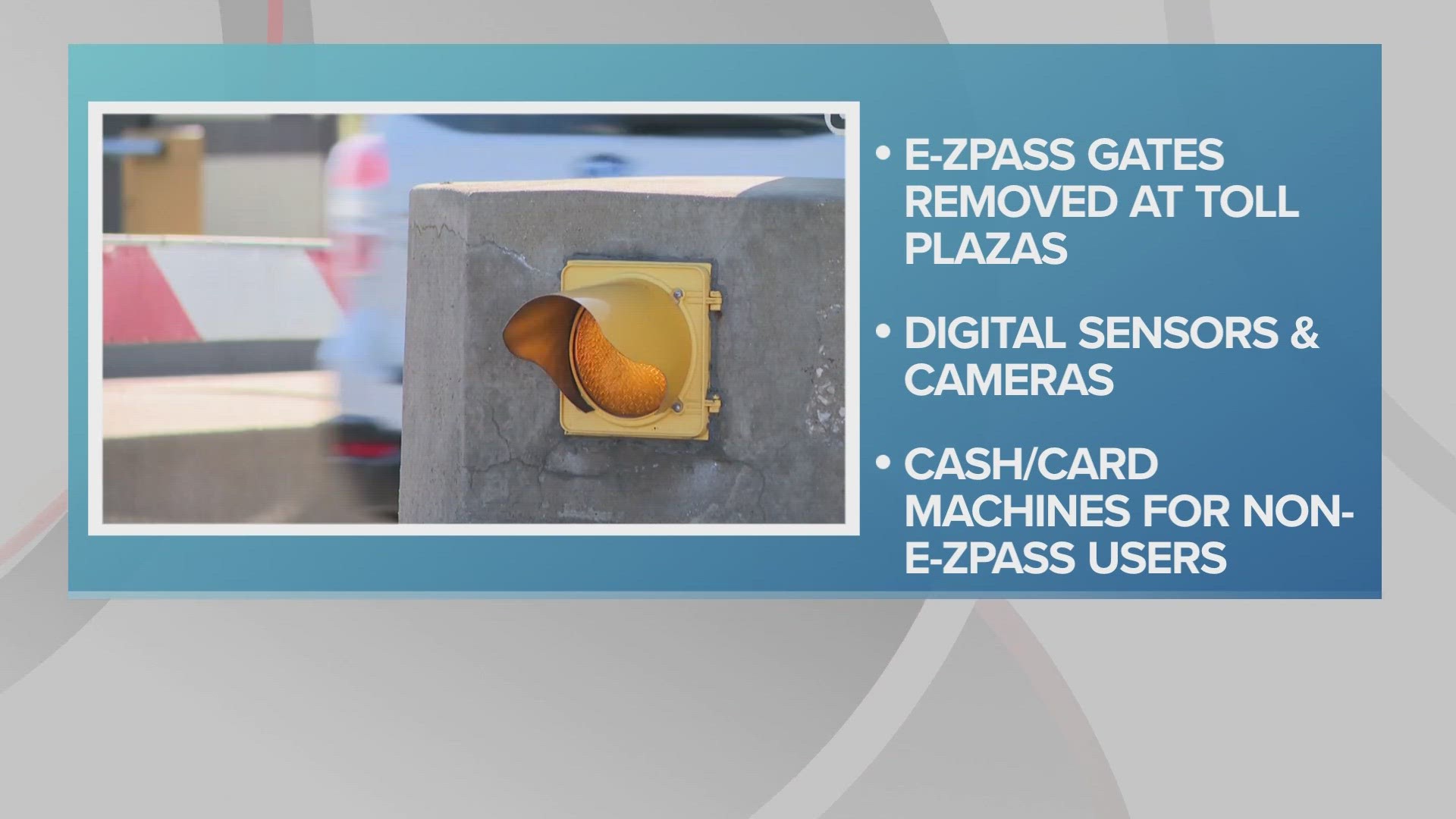 Changes include removing E-ZPass gates at 20 toll plazas and replacing them with electronic sensors, removing tolls at several plazas and opening 3 new plazas.