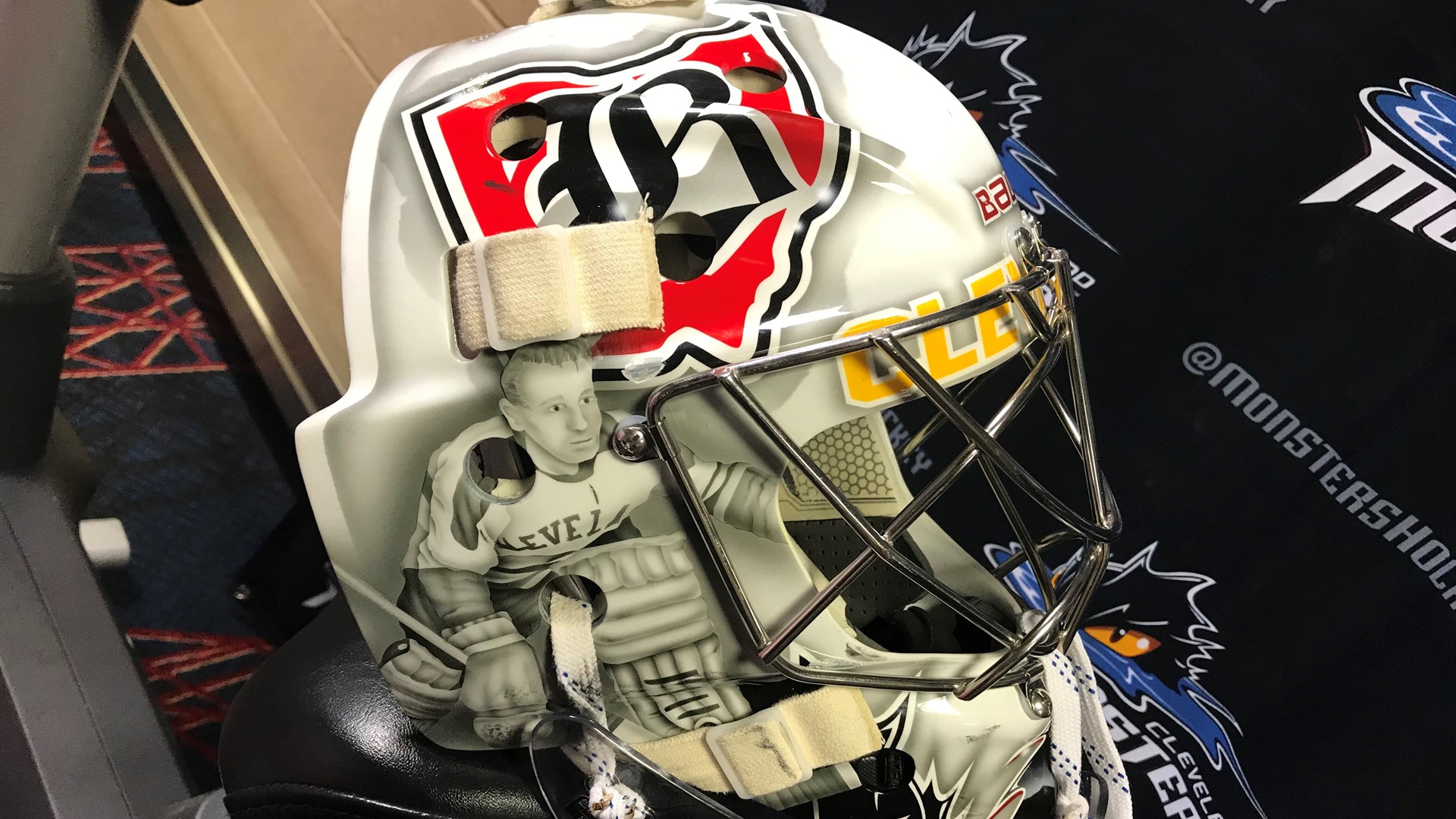 Monsters goaltender Brad Thiessen honored Cleveland’s hockey history with his unique helmet design.