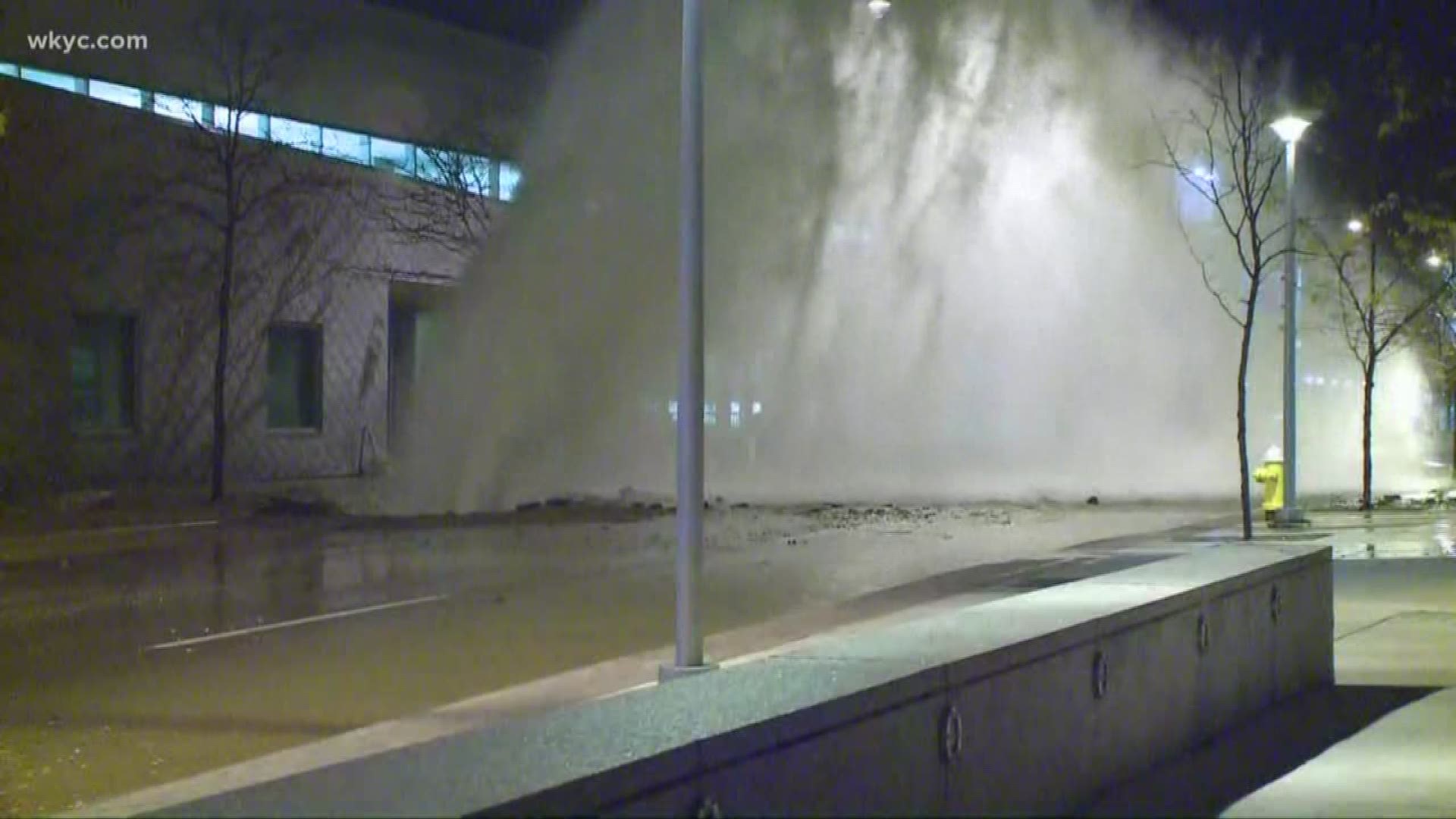 A water main break has closed a portion of High Street in downtown Akron, in front of the John S. Knight Center.