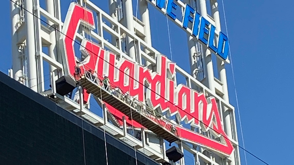 Installation of script 'Guardians' sign atop Progressive Field scoreboard  is underway 