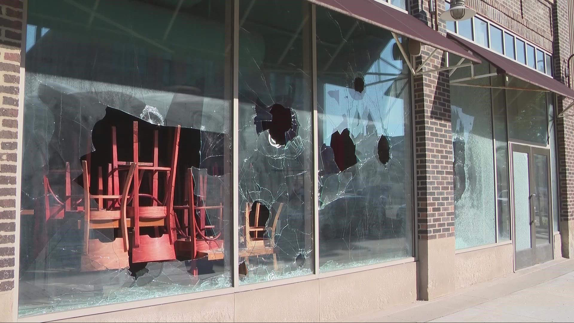 Peaceful demonstrations during the afternoon took a turn as the sun set, with officers deploying tear gas and several businesses having their windows smashed.