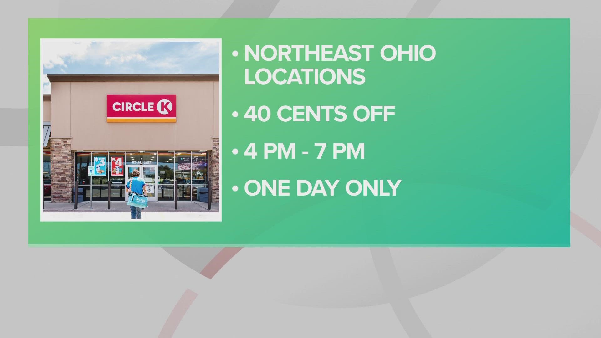 The discount on Circle K-branded fuel will take place between 4 and 7 p.m. at participating locations.