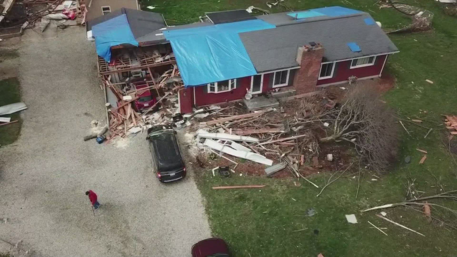 Drone footage shows the aftermath of a tornado in Shelby, Ohio.