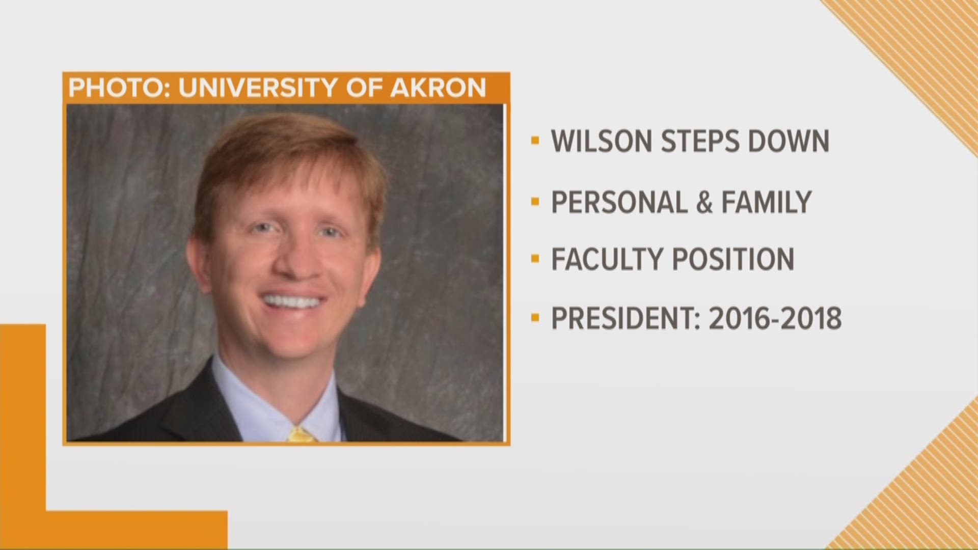 March 22, 2018: University of Akron President Matthew Wilson announced his intentions to step down from his role to become a full-time faculty member.