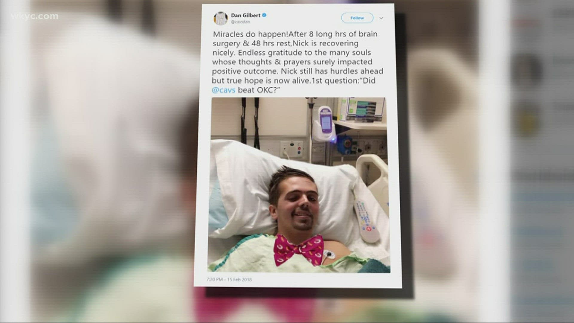 March 15, 2018: Dan Gilbert, the Cleveland Cavaliers owner tweeted that his 21-year-old son, Nick, is now home resting after 38 days at Henry Ford Hospital in Detroit.