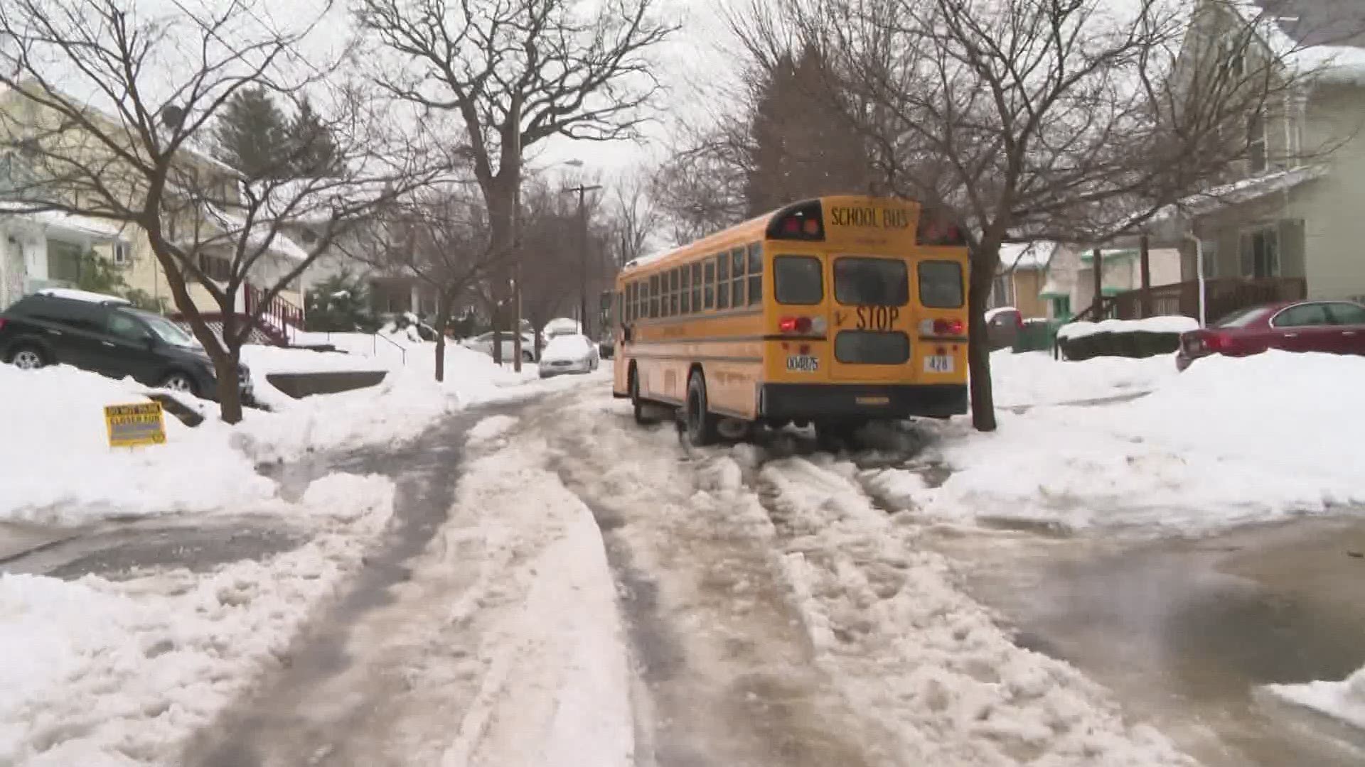 Jan. 23, 2019: The city of Akron has been facing complaints from residents that it's taking too long to plow the streets days after the weekend snow storm. As a result, our crews witnessed an Akron school bus stuck in the icy, snowy conditions.