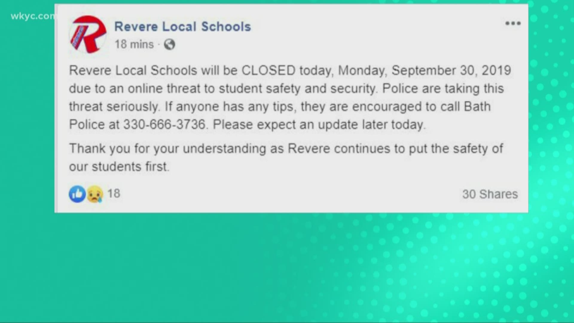 Sept. 30, 2019: The Revere Local School District is closed today due to an online threat. 'Police are taking this threat seriously,' school officials said.