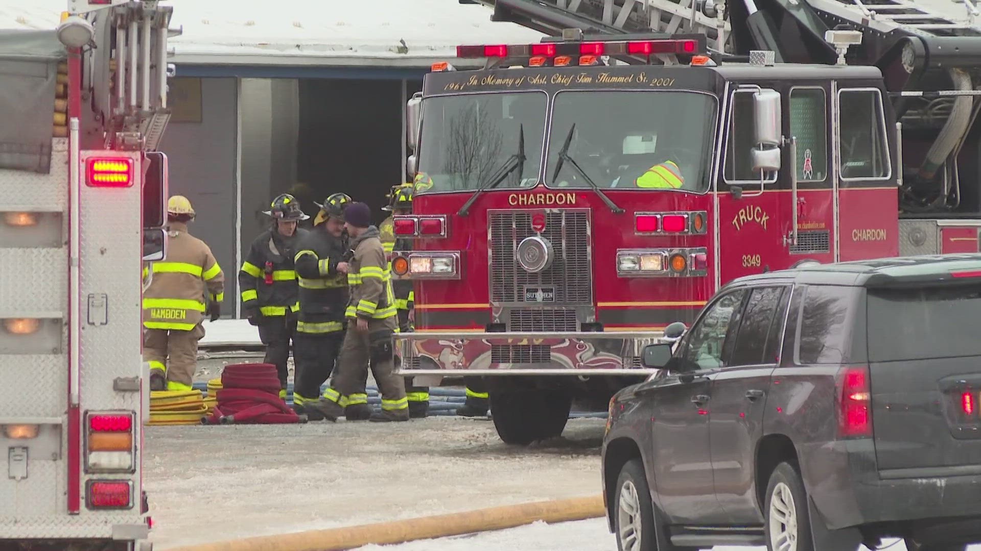 The fire happened at Interstate Towing & Transport near the border of Chardon and Hambden Township. Officials say there is no evidence that any explosions occurred.