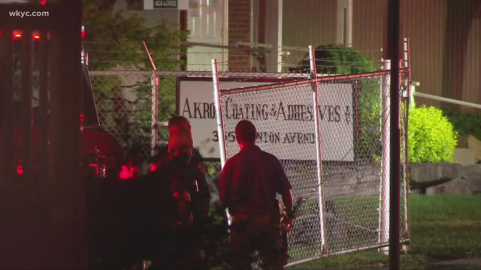 The fire is happening Akron Coating and Adhesive Inc. on Stanton Road. It began at about 8:30 p.m. on Monday evening.