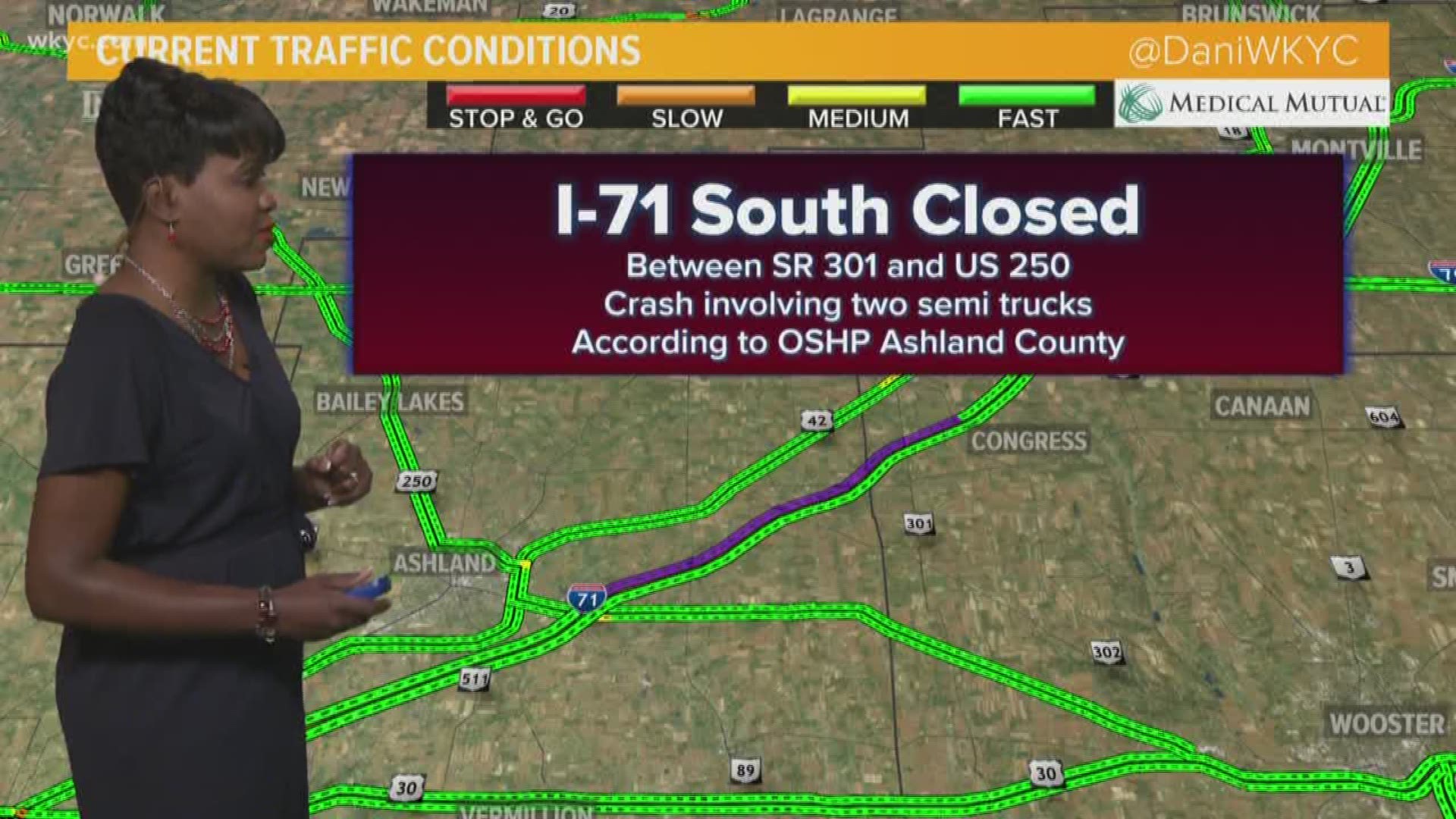 Sept. 20, 2019: A stretch of I-71 South is closed in Ashland County as of 6 a.m. Friday due to a crash with two semi trucks.