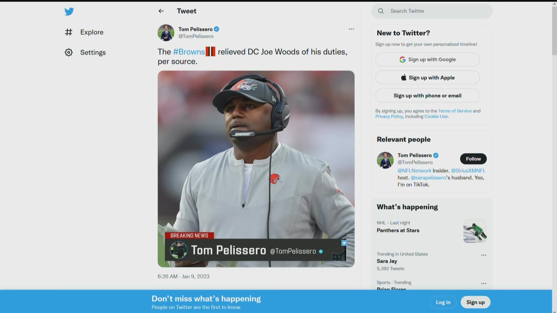 Tom Pelissero of the NFL Network tweeted that the Browns had 'relieved DC Joe Woods of his duties.'
