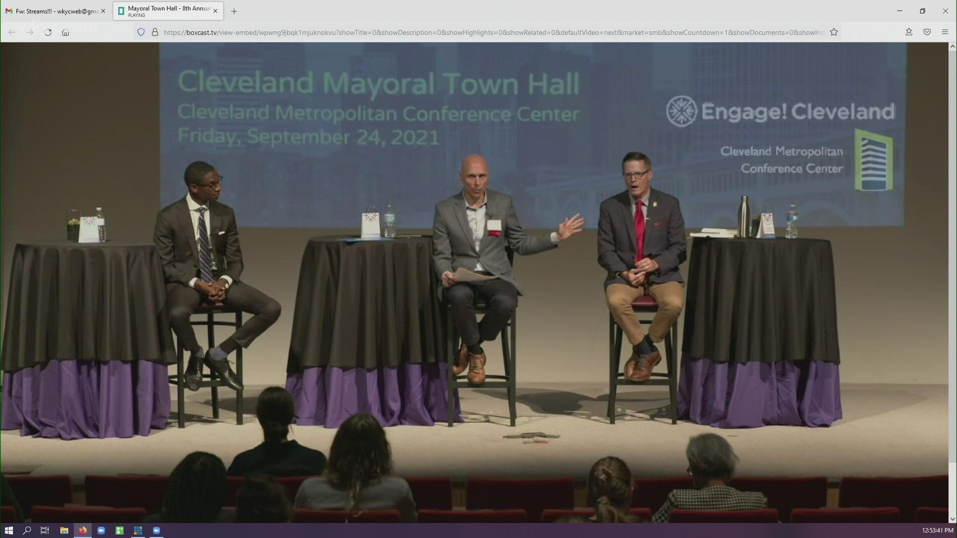 Kevin Kelley and Justin Bibb spoke at Engage! Cleveland's town hall on Friday. 3News' Mark Naymik served as moderator.