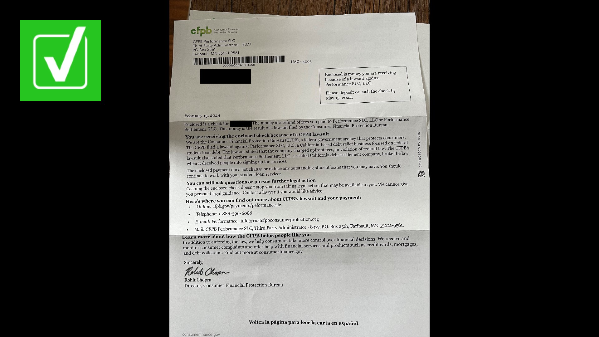 Check from CFPB Performance SLC is a real check from a settlement