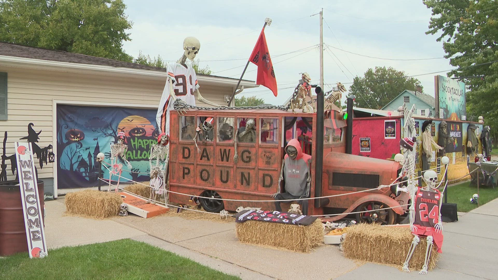 It's an epic sports scene featuring skeletons representing the Cleveland Browns vs. Pittsburgh Steelers.