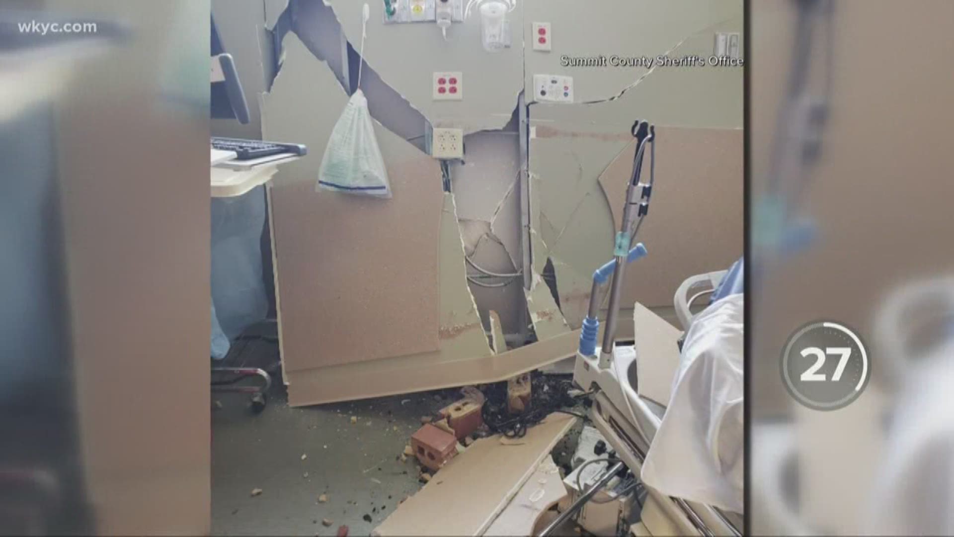 The vehicle struck the hospital and crashed into an exam room that was occupied by a female patient and her husband. Both were treated for injuries.