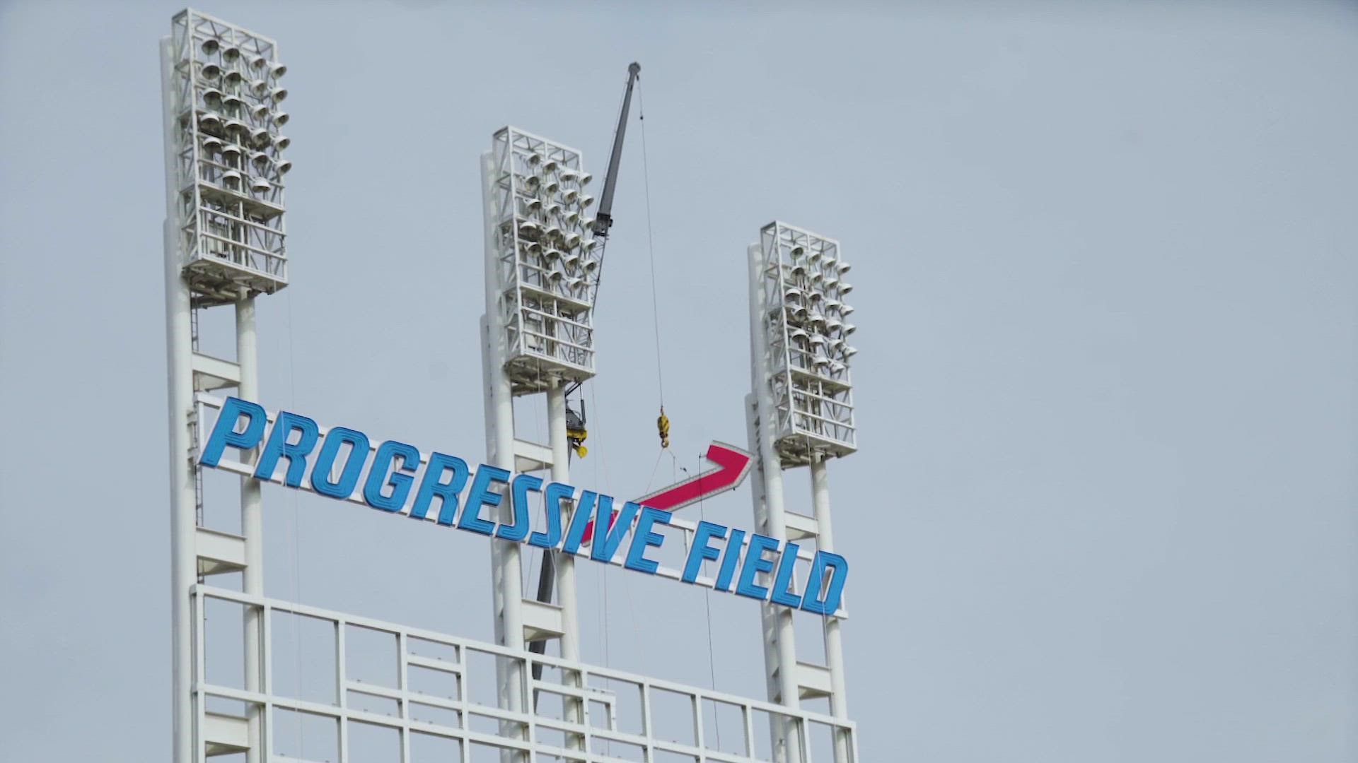 Progressive Field begins six-day installation of its new Guardians scoreboard sign.