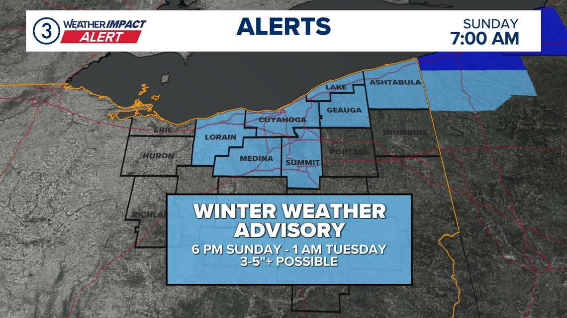Winter Weather Advisory issued for several Northeast Ohio counties starting Sunday evening