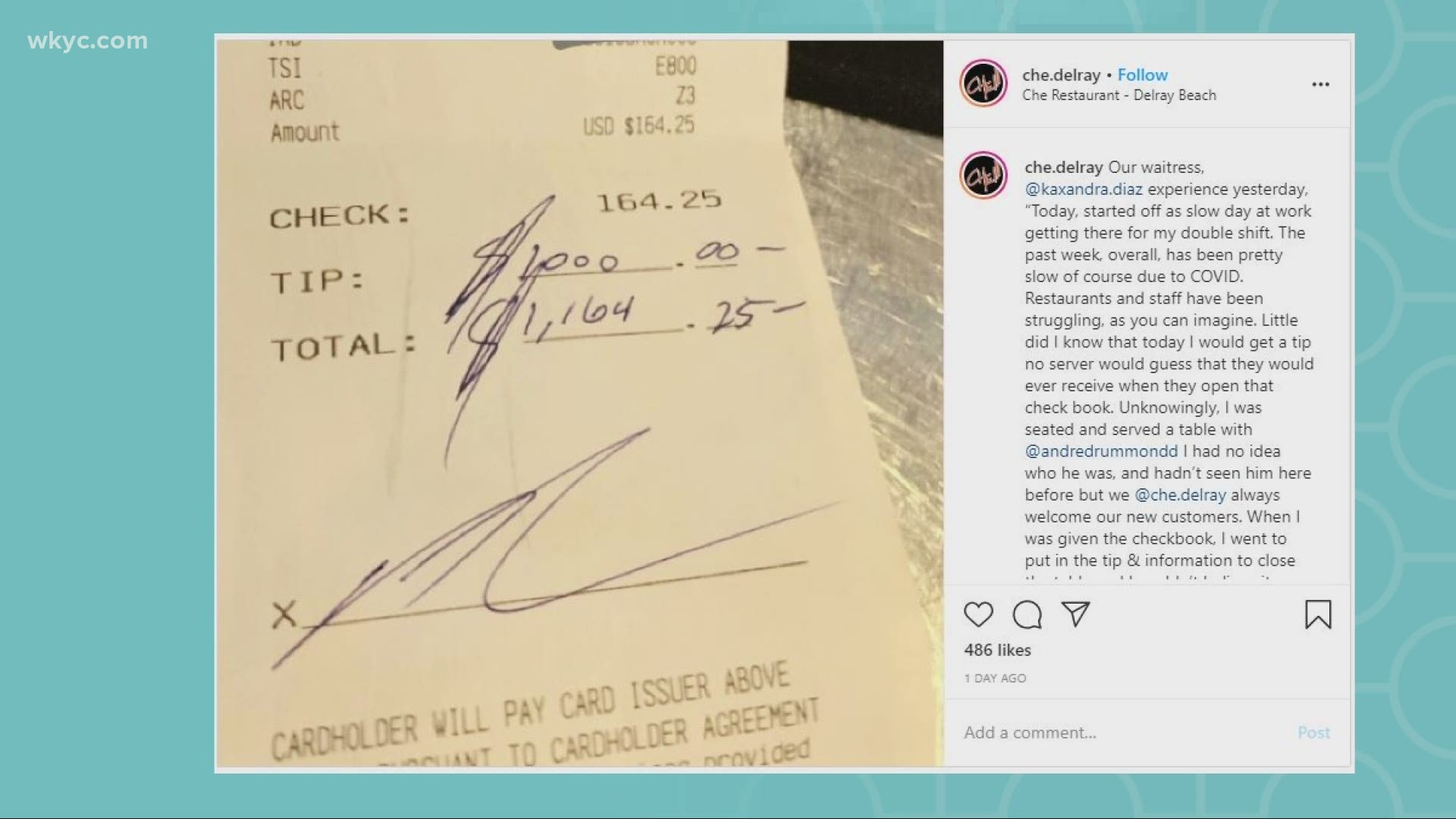 Andre Drummond left a one thousand-dollar tip on a 164-dollar bill over the weekend.  That's more than a 600-percent tip!