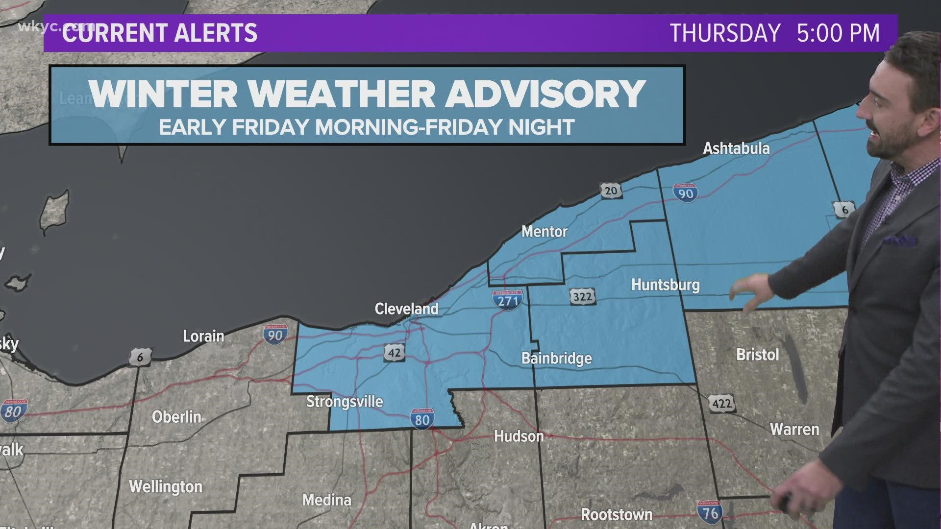 The National Weather Service has issued a Winter Weather Advisory for several Northeast Ohio counties in the "Snowbelt" area for Friday.