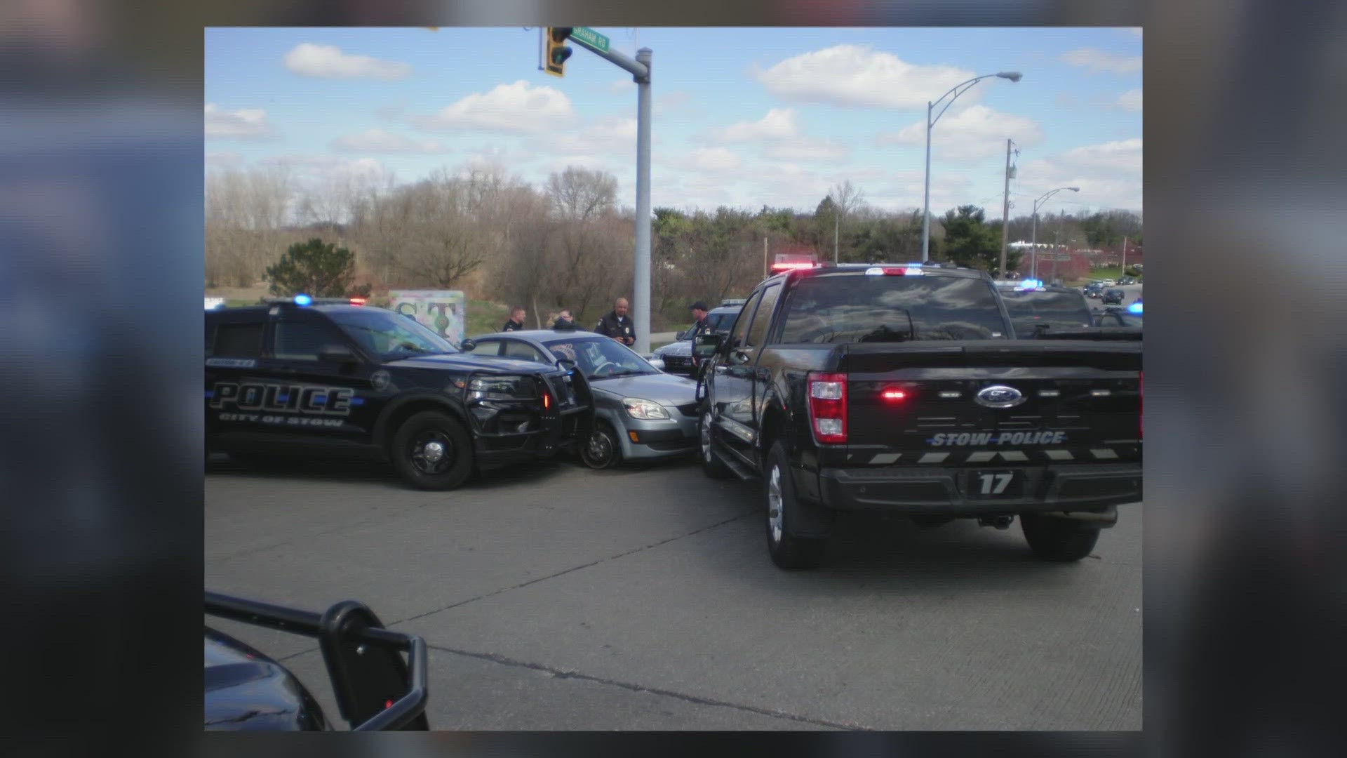 Stow police officials say a 20-year-old woman is in custody after allegedly leading officers on a chase through several communities and striking a cruiser.