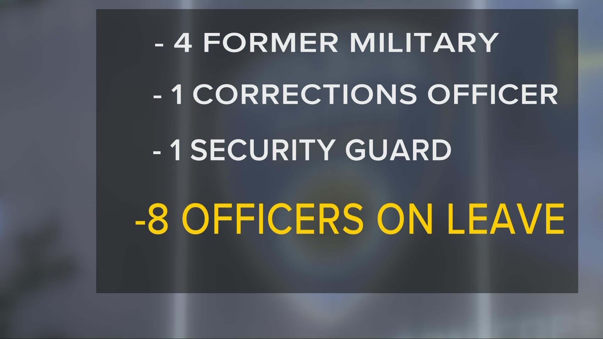 Four of the eight officers have military backgrounds, while three have Bachelor's degrees. None of the eight officers had previously faced work-related discipline.