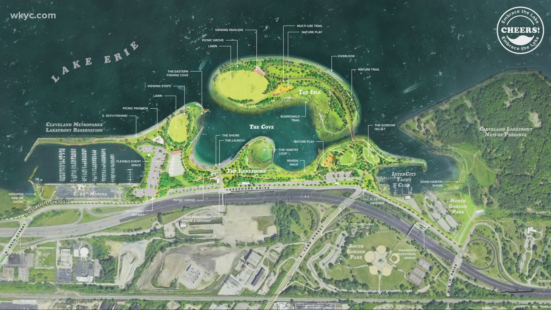 Sediment dredged from the bottom of the Cuyahoga River would create the new parkland, which would be connected by various trails.