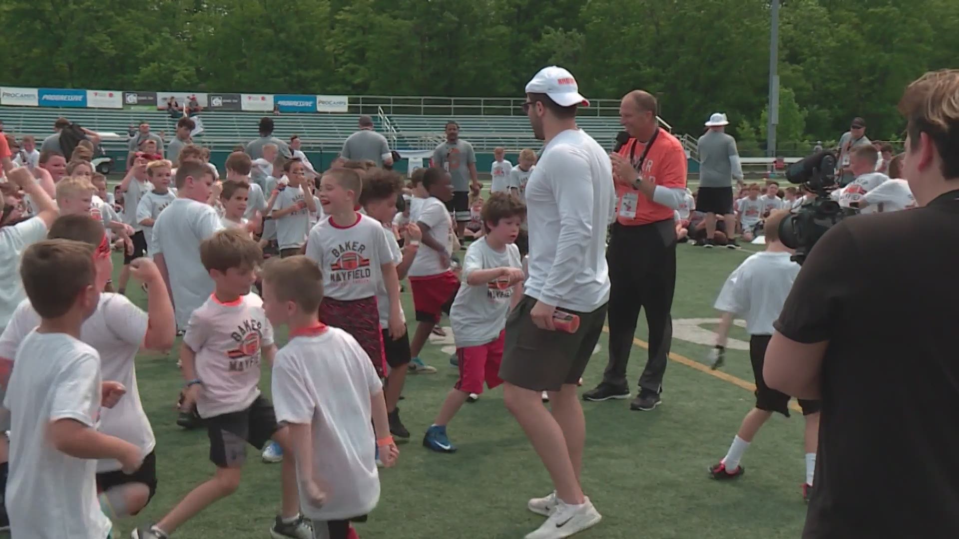 Baker Mayfield showed off his dance moves during his first football camp since joining the Browns. More than 500 kids grades 1 through 8 are learning from the star quarterback this weekend at Mayfield High School.