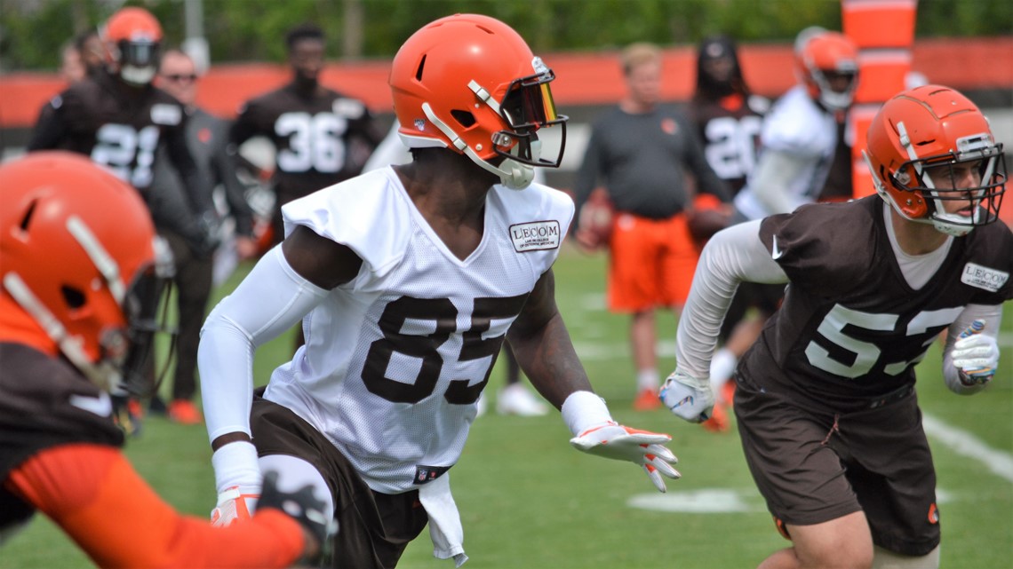 Cleveland Browns tight end Orson Charles catches a pass during an NFL  football organized team activity session at the team's training facility,  Thursday, May 30, 2019, in Berea, Ohio. (AP Photo/Tony Dejak