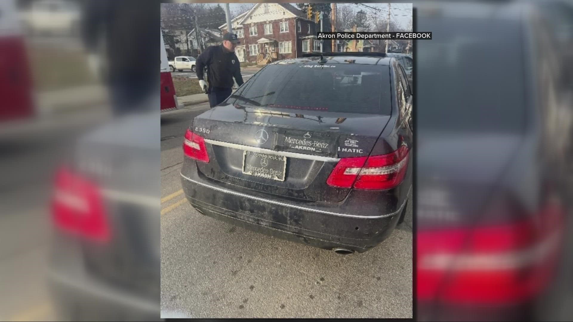 Akron Police are searching for a 2011 dark blue/black Mercedes E350 4matic sedan.