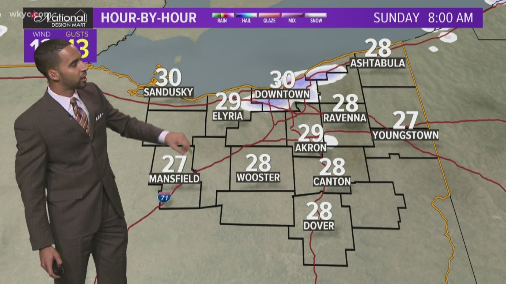 Scattered rain and snow is expected Sunday.