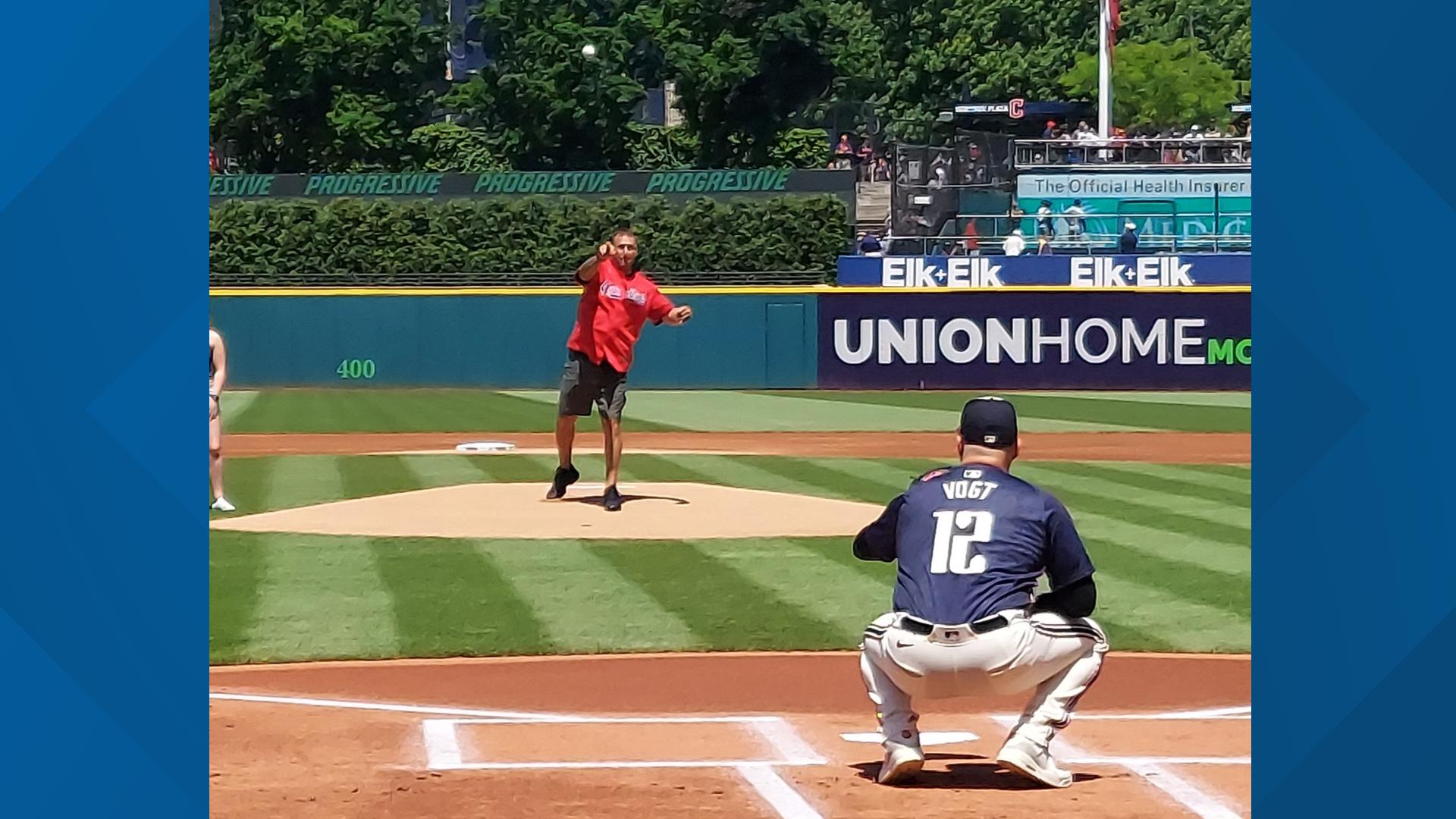 (Credit: Cleveland Guardians) Vince Trusso, the father of fallen officer Jacob Derbin, threw the first pitch ahead of Sunday's Cleveland Guardians game.