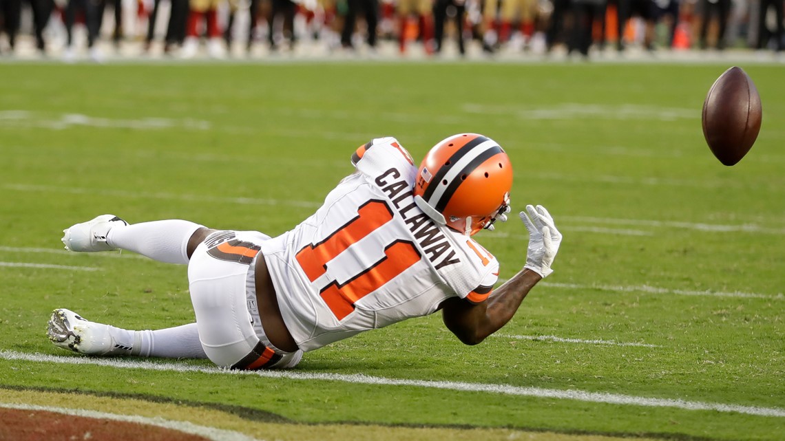 Cleveland Browns quarterback Baker Mayfield (6) against the San Francisco  49ers during the first half of an NFL football game in Santa Clara, Calif.,  Monday, Oct. 7, 2019. (AP Photo/Ben Margot Stock