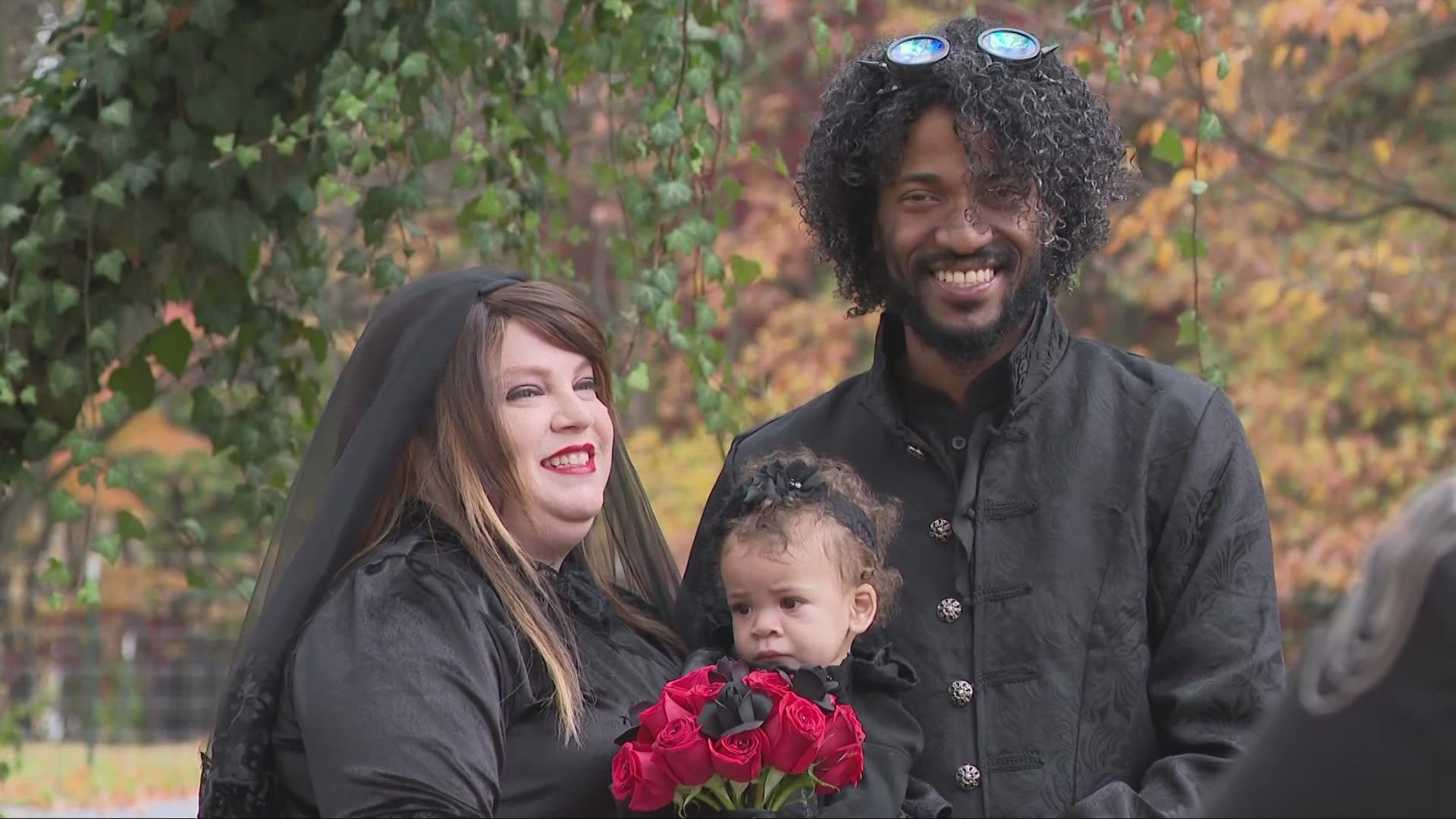 After being engaged for 15 years, Virginia and Jamal decided to finally tie the knot. They were married at Akron's Perkins Stone Mansion on Halloween.