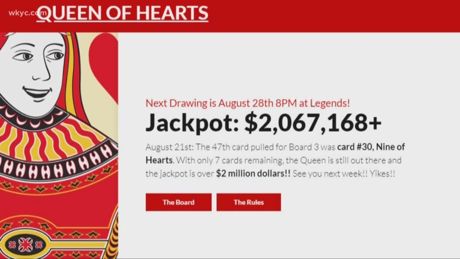Aug. 28, 2019: Will the winner be crowned this week? The jackpot has climbed to $2,067,168+ for Wednesday's 8 p.m. drawing in the Grayton Road Tavern's popular Queen of Hearts game.