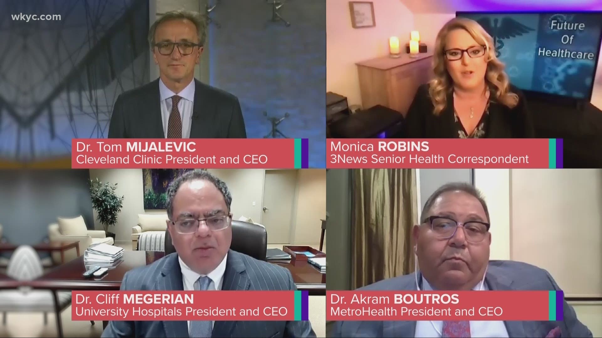 Feb. 22, 2021: 3News' Senior Health Correspondent Monica Robins hosts a COVID-19 roundtable with Cleveland's hospital system CEOs for their thoughts on the pandemic.