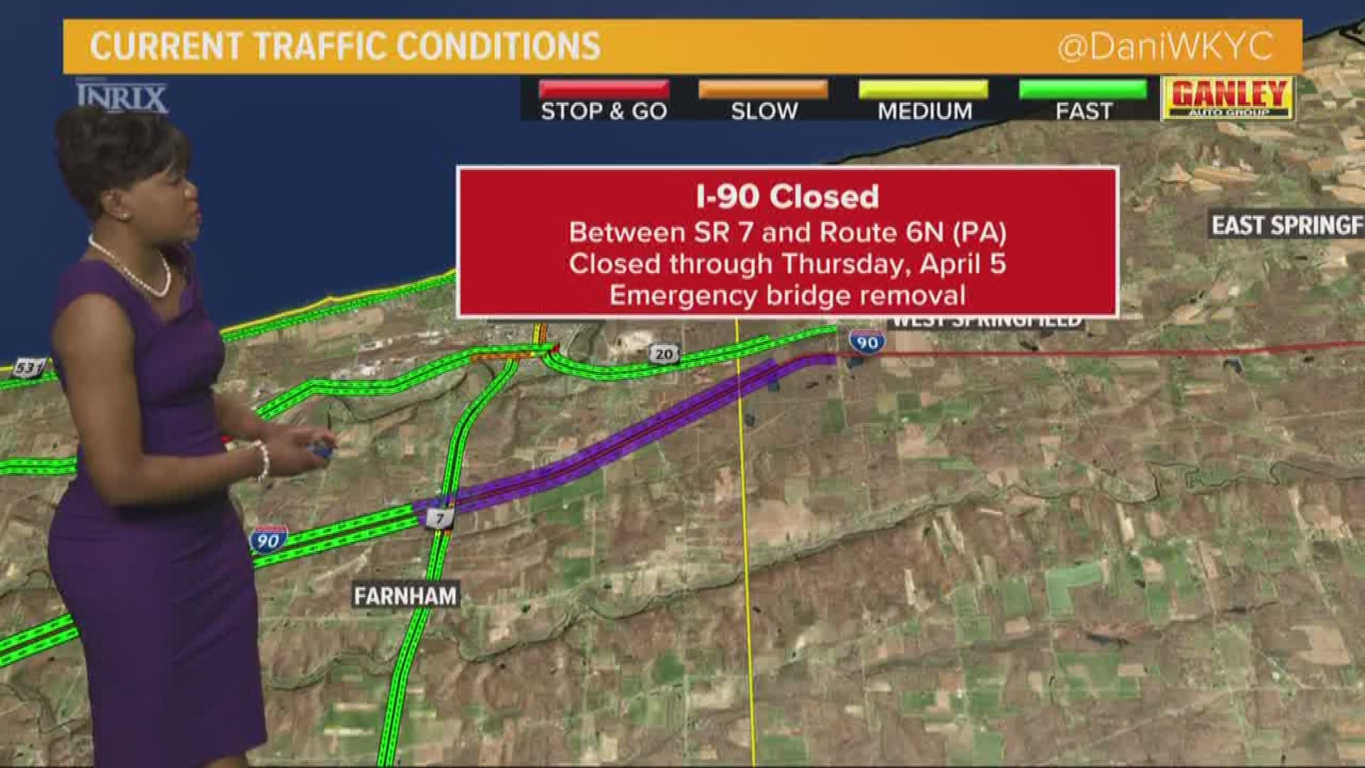 April 3, 2018: Drivers can expect a detour for the next few days as I-90 is closed in both directions between Route 7 in Ohio and Route 6 in Pennsylvania.
