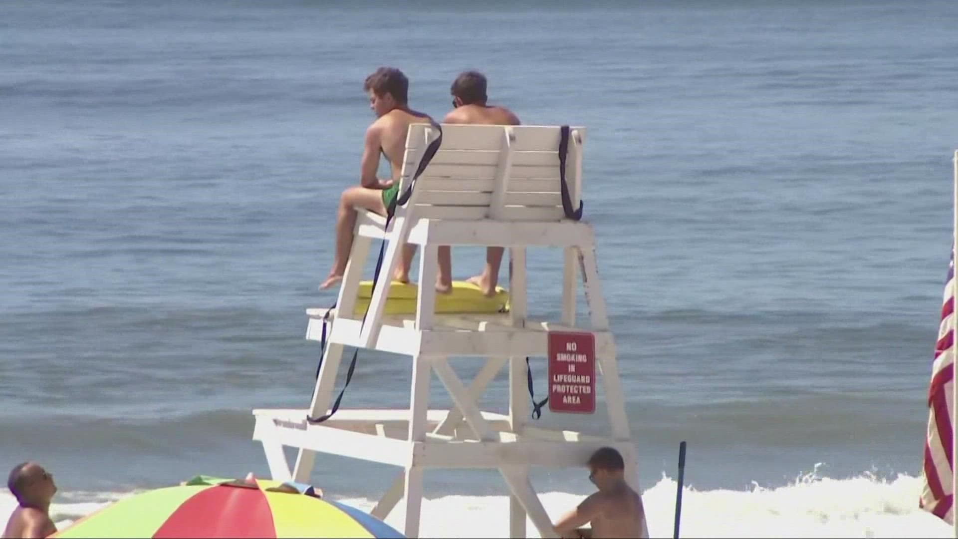 The lifeguard, who was acting out the role of a victim, was bit on the chest and hand.
