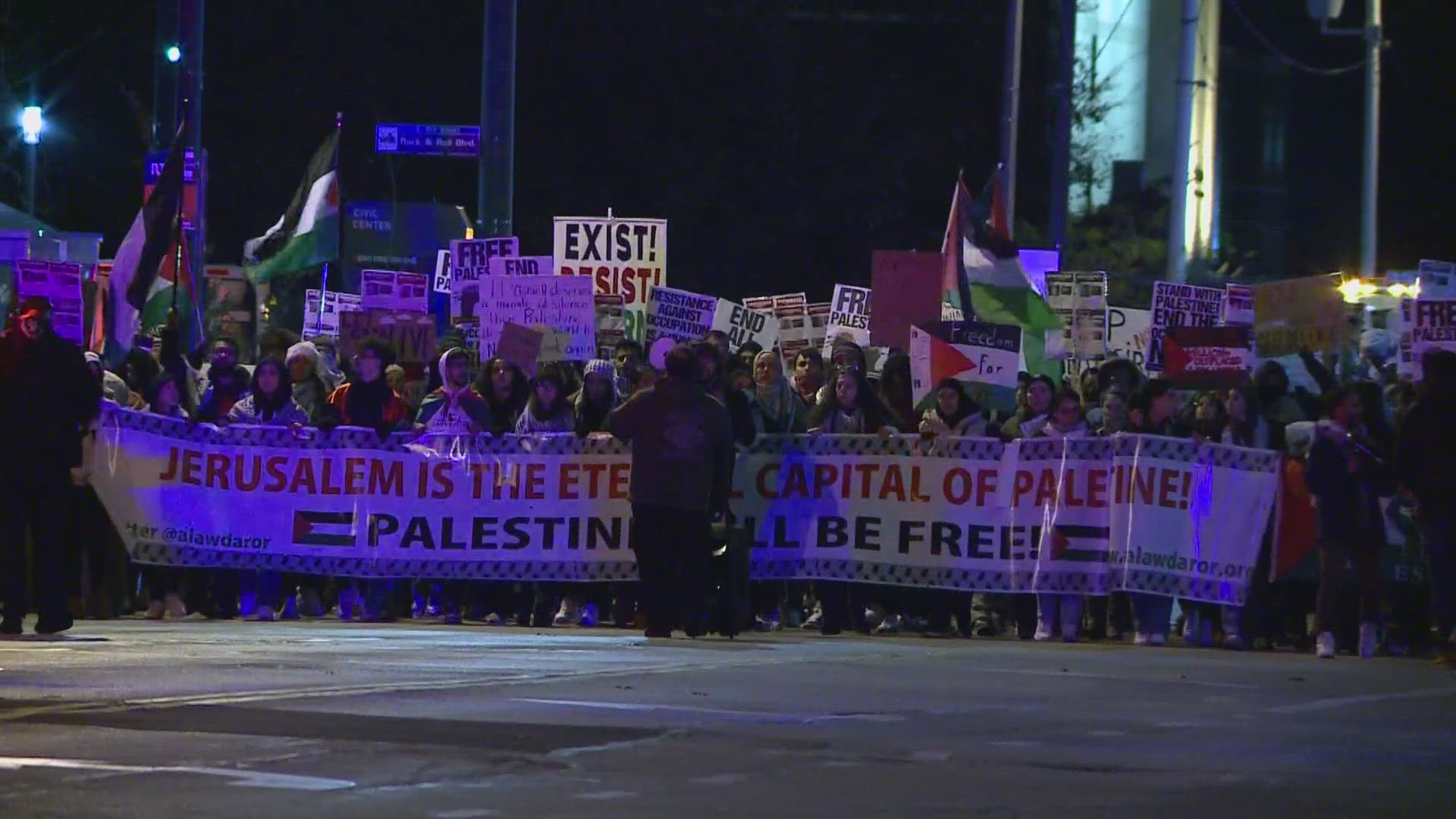 Several downtown roads were closed during the protest, and chants later erupted at the City Council meeting.