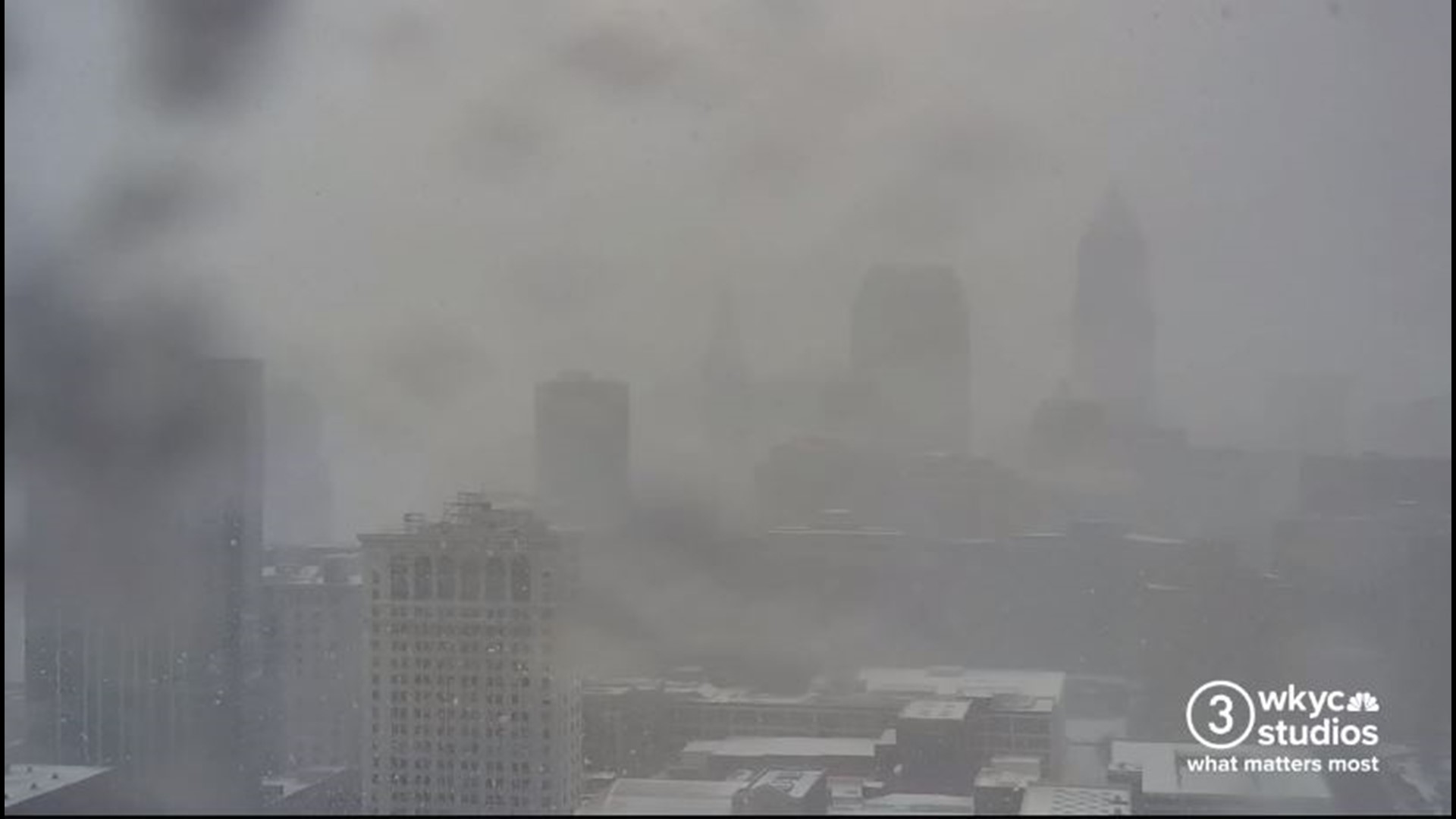 Downtown Cleveland is dealing with some lake effect snow this morning. Here's video from a Cleveland skyline camera that shows the snow moving through the city.