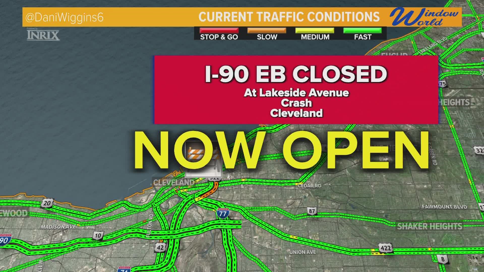Drivers can now access I-90 East through Dead Man's Curve in downtown Cleveland after a crash early Thursday morning closed the roadway at Lakeside Avenue.