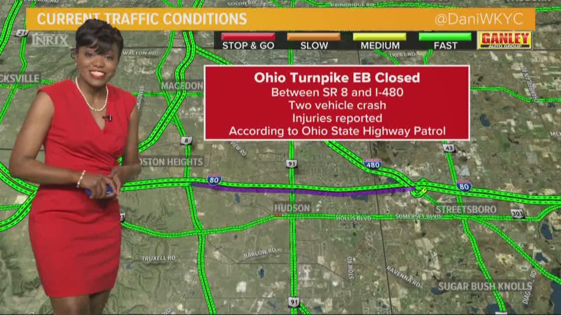 April 11, 2018: A temporary detour is in effect as crews have closed all eastbound lanes of the Ohio Turnpike at Route 8 in Summit County. Officials tell WKYC the crash involves injuries with two vehicles involved.